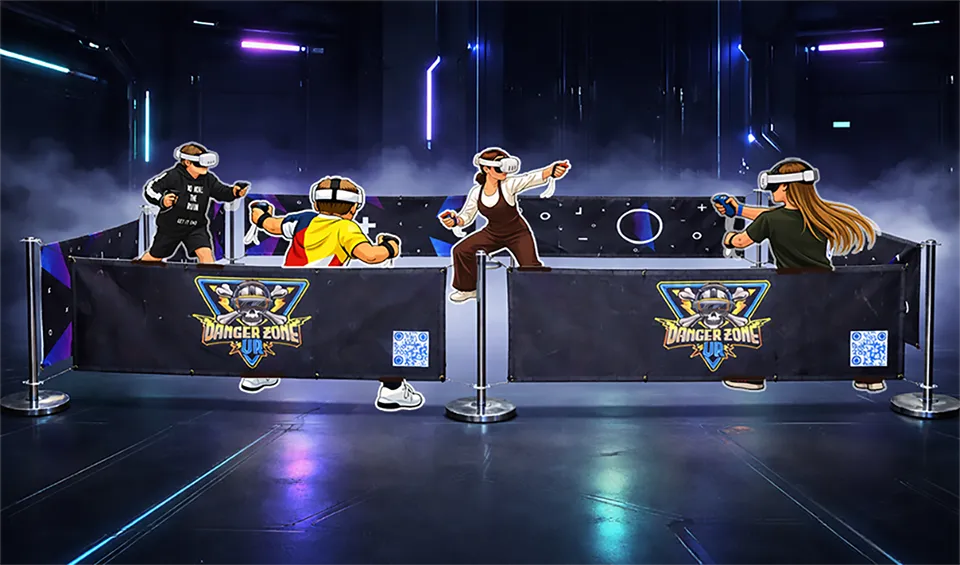 Kids playing inside a structured free-roam VR arena at a hosted VR party